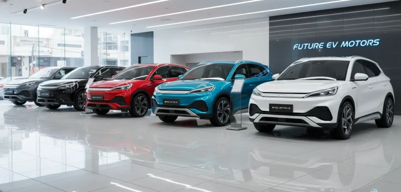 Hình ảnh trưng bày Bảng giá BYD Atto 3 HCM trong showroom hiện đại, giới thiệu đầy đủ các phiên bản màu sắc sang trọng và thiết kế đậm chất tương lai của dòng xe điện này.