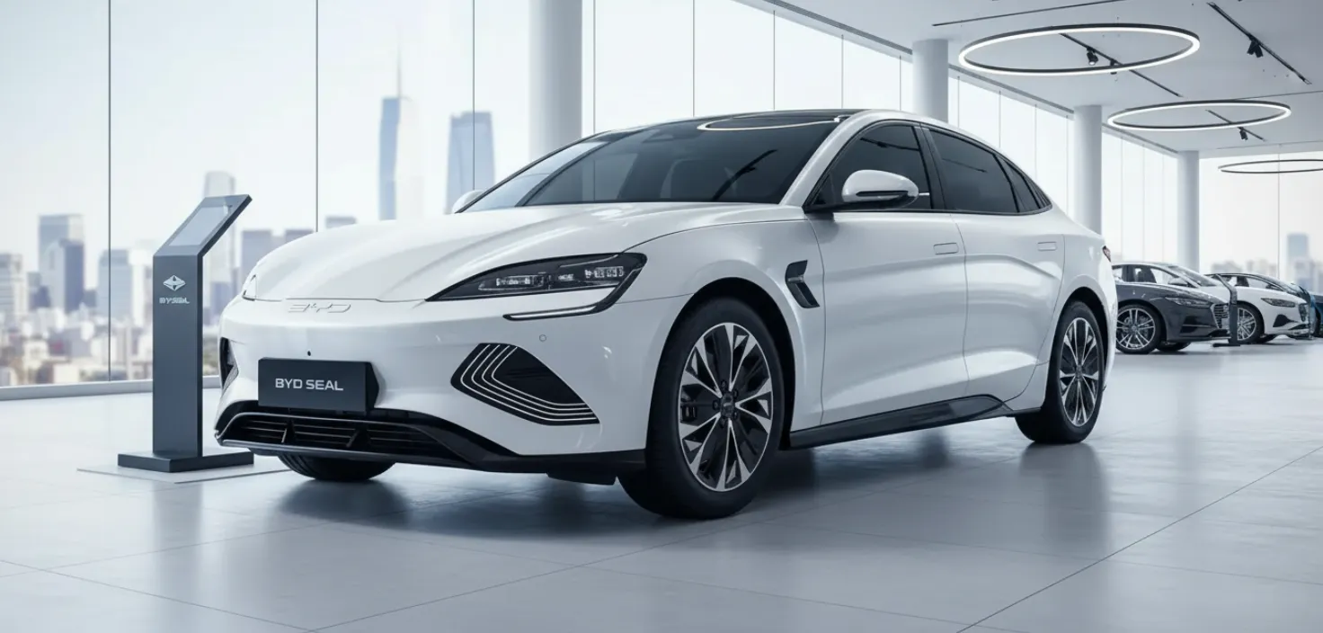 BYD Seal HCM phiên bản màu trắng thanh lịch sạc điện trong không gian hiện đại, biểu tượng cho phong cách sống xanh. Bảng giá BYD Seal HCM hấp dẫn với công nghệ sạc nhanh và khả năng di chuyển vượt trội.