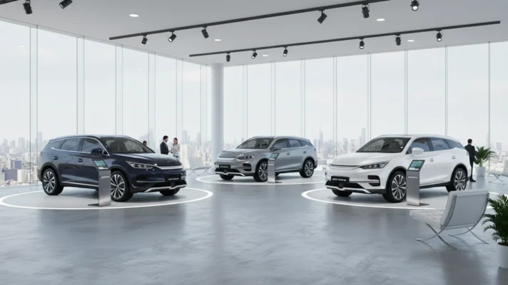 Hình ảnh dàn xe BYD Sealion 8 trưng bày trong showroom hiện đại, thể hiện phong cách sang trọng và đẳng cấp của thương hiệu xe điện hàng đầu Trung Quốc.
