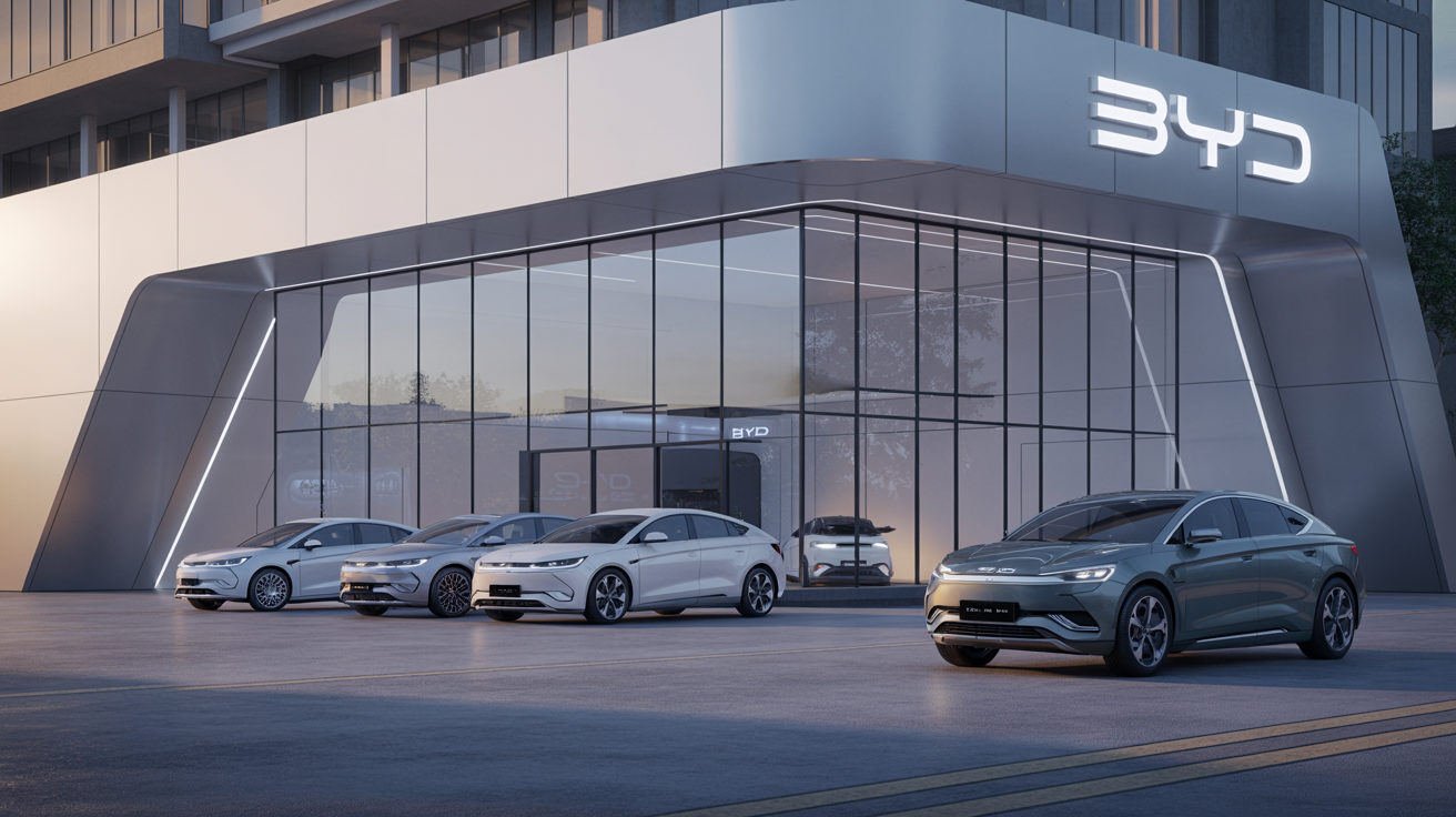 Toàn cảnh Showroom BYD Quận 10 với thiết kế hiện đại, mặt kính lớn và không gian trưng bày sang trọng, tạo điểm nhấn nổi bật giữa khu trung tâm Sư Vạn Hạnh.