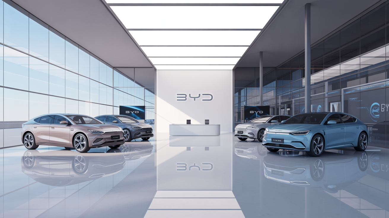 Không gian bên trong Showroom BYD Quận 10 được thiết kế tinh tế với ánh sáng tự nhiên, sàn phản chiếu và cách bố trí xe khoa học, mang lại trải nghiệm tham quan cao cấp.