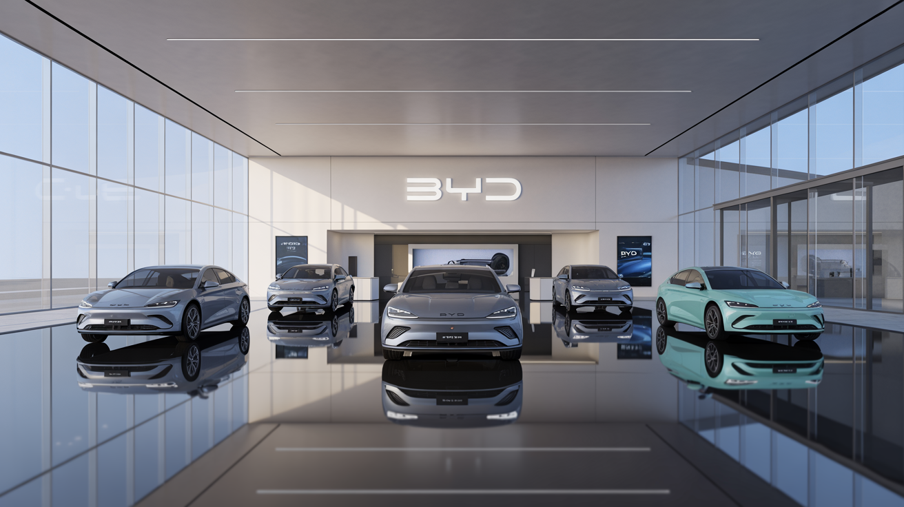 Khu vực trưng bày chính của Showroom BYD Quận 10 nổi bật với dàn xe điện đa dạng, thể hiện đẳng cấp và công nghệ xanh của thương hiệu BYD.