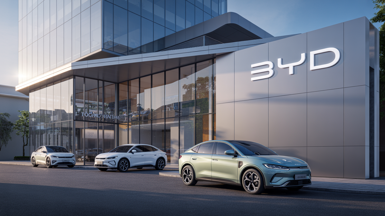 Mặt tiền Showroom BYD Quận 10 mang phong cách kiến trúc hiện đại, logo BYD nổi bật trên nền kính cao cấp, tạo nên hình ảnh chuyên nghiệp và sang trọng.