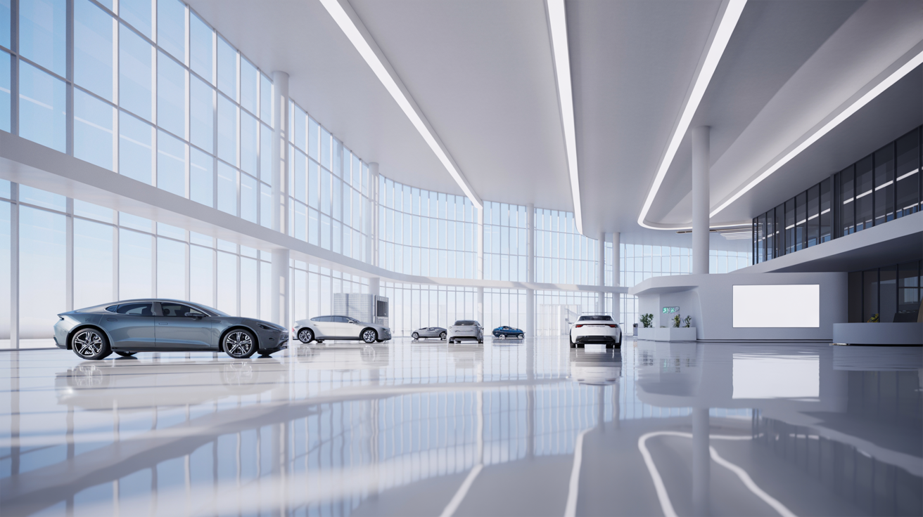 Không gian mở của Showroom BYD Quận 10 với trần cao và ánh sáng tự nhiên giúp khách hàng dễ dàng quan sát, cảm nhận vẻ đẹp tinh tế của các dòng xe BYD mới nhất.