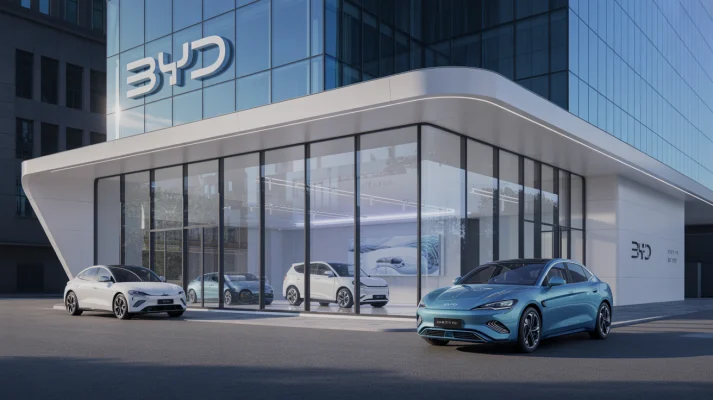 Hình ảnh Showroom BYD Quận 10 với mặt tiền kính hiện đại, logo BYD nổi bật và dàn xe điện trưng bày sang trọng. Không gian thiết kế tối giản, tinh tế, thể hiện phong cách công nghệ cao và đẳng cấp quốc tế của thương hiệu xe điện hàng đầu.